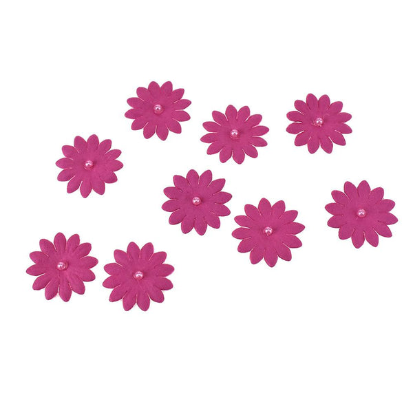 Handmade Paper Floral Embellishments With Pearls, 1-Inch, 32-Piece, Fuchsia