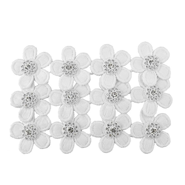 Fabric Flower Patch With Rhinestones, 1-1/2-Inch, 12-Count, White