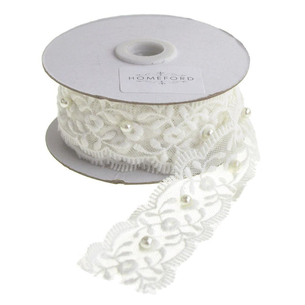 Leaves Lace Trim with Pearls Ribbon, White, 1-1/2-Inch, 5 Yards