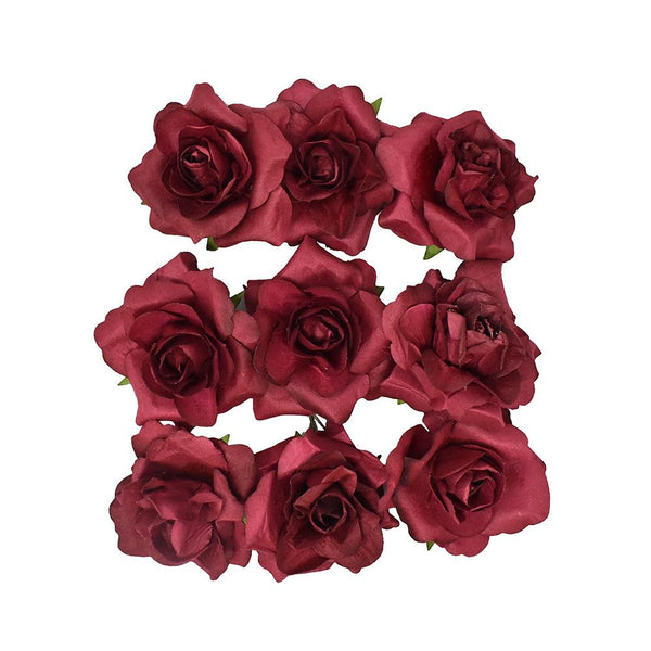 Paper Rose Flower Embellishments, 1-1/2-Inch, 9-Count, Burgundy