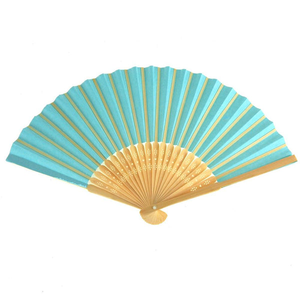 Paper Folding Hand Fan w/ Wooden Handle, 8-Inch, Aqua