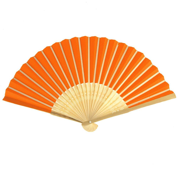 Paper Folding Hand Fan w/ Wooden Handle, 8-Inch, Orange