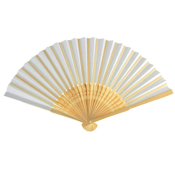 Paper Folding Hand Fan w/ Wooden Handle, 8-Inch, White