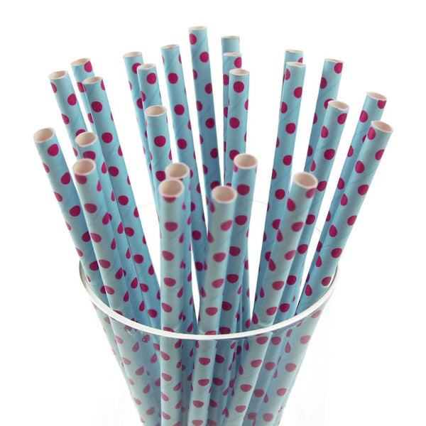 Small Dots Paper Straws, 7-3/4-inch, 25-Piece, Fuchsia/Blue