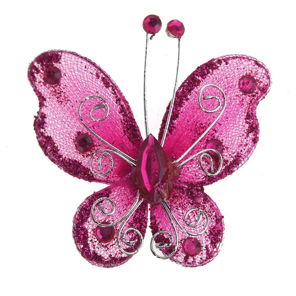 Organza Nylon Glitter Butterflies, 3-inch, 12-Piece, Fuchsia