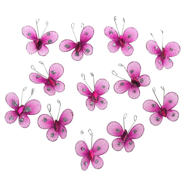 Organza Nylon Glitter Butterflies, 1-inch, 12-Piece, Fuchsia