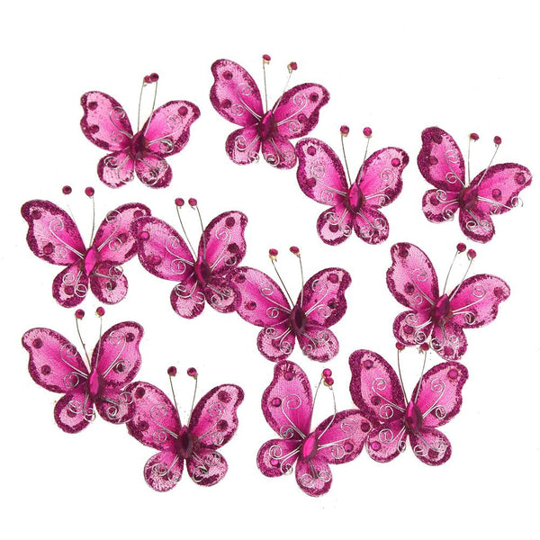 Organza Nylon Glitter Butterflies, 2-inch, 12-Piece, Fuchsia