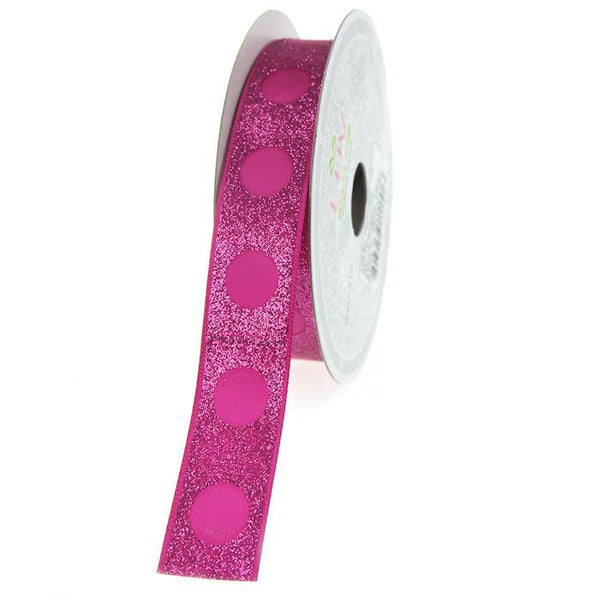 Glitter Ribbon with Satin Dots, 7/8-inch, 10-yard, Fuchsia