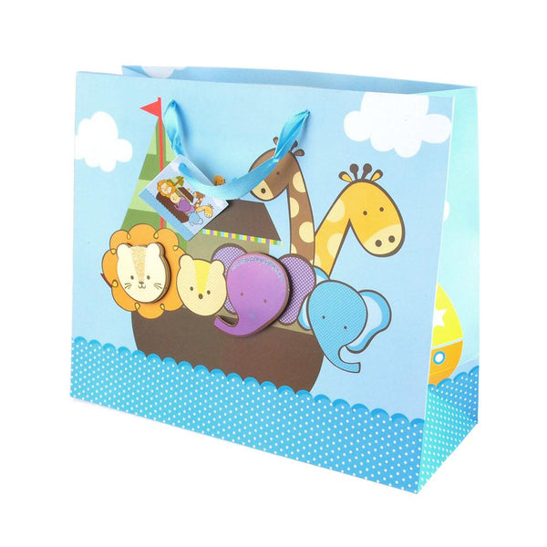 Noah's Ark Animal Baby Shower Paper Gift Bags, Blue, 10-Inch