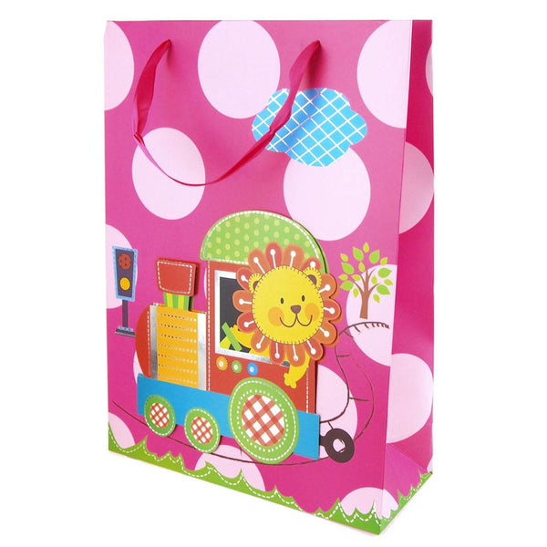 Lion Train Ride Circle Dots Baby Shower Paper Gift Bags, Pink, 16-Inch