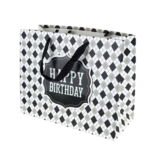 Argyle Checkered Desgin Paper Gift Bags, Black, 10-Inch