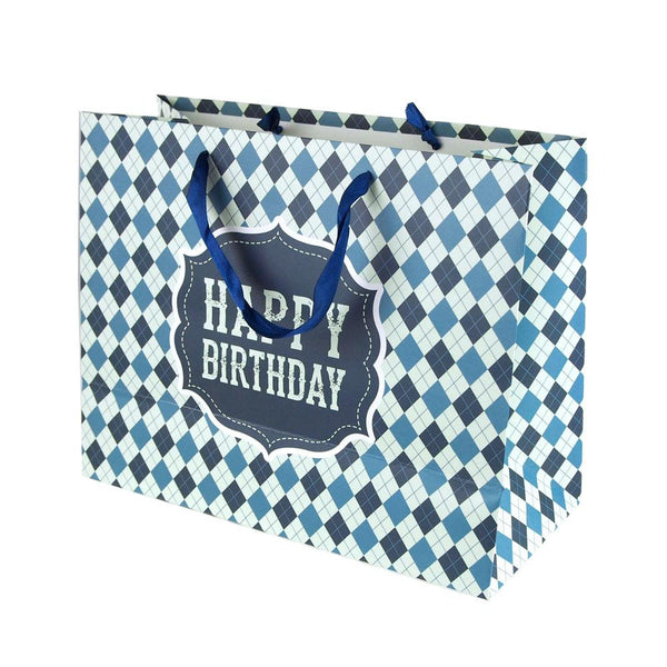 Argyle Checkered Desgin Paper Gift Bags, Blue, 10-Inch