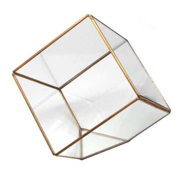 Gold Geometric Glass Terrarium Display Box, Tilted Cube, 6-Inch
