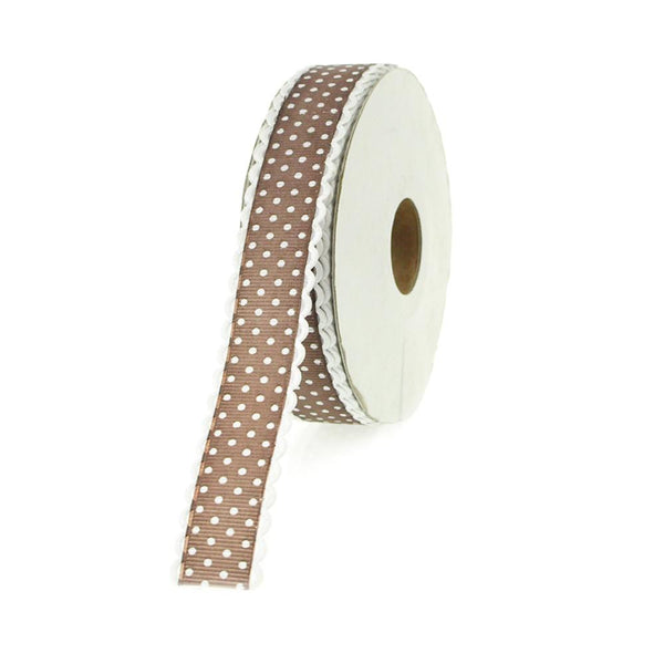 Polka Dot Picot-edge Polyester Ribbon, 7/8-Inch, 25 Yards, Brown
