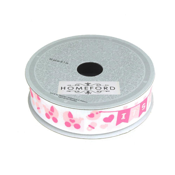 Homeford It's Boy/It's a Girl Banner Grosgrain Ribbon, Pink, 7/8-inch, 10 Yards