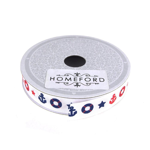 Nautical Anchor and Lifebuoy Grosgrain Ribbon, White, 5/8-inch, 10 Yards
