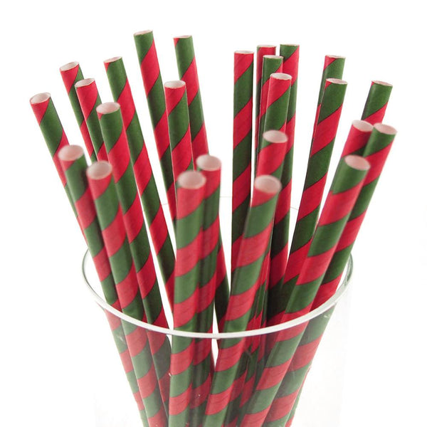 Candy Striped Paper Straws, 7-3/4-inch, 25-Piece, Hot Pink/Moss