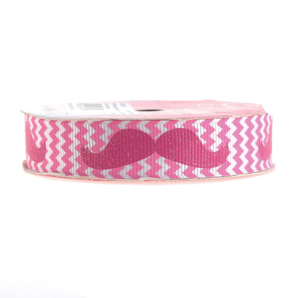 Glitter Mustache Chevron Grosgrain Ribbon, 7/8-inch, 3-yard, Hot Pink