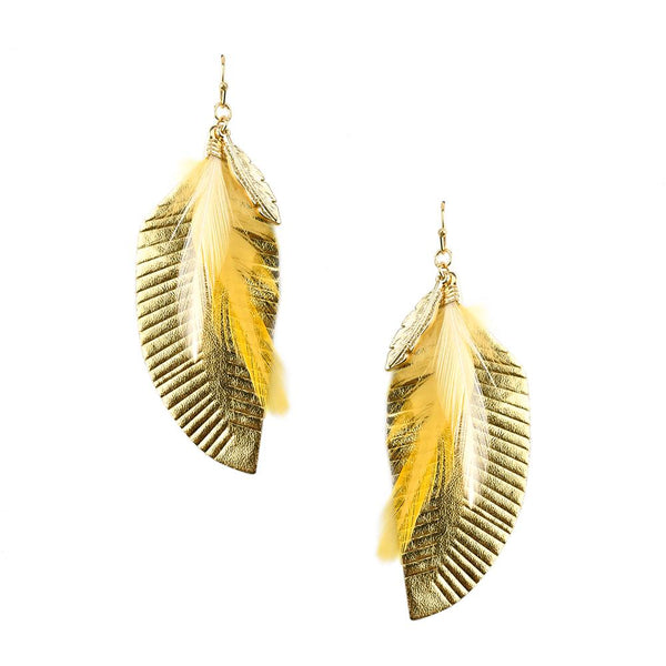 Feather Shaped Leather with Feather Drop Earrings, Gold, 2-3/4-Inch