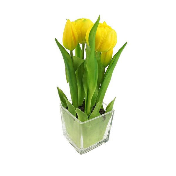 Artificial Tulip in Glass Vase Home Accent, 9-Inch, Yellow