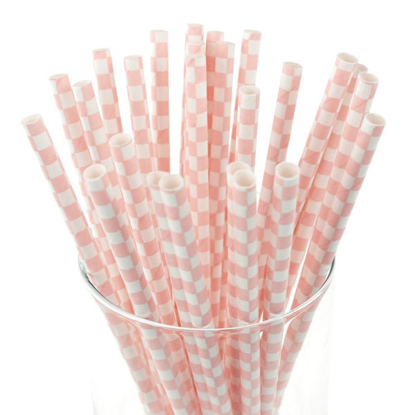 Race Car Checkered Paper Straws, 7-3/4-Inch, 25-Piece, Light Pink