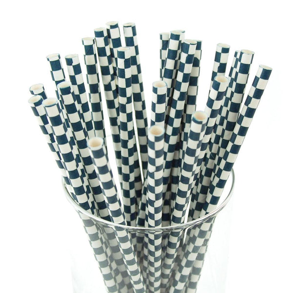 Race Car Checkered Paper Straws, 7-3/4-Inch, 25-Piece, Navy Blue
