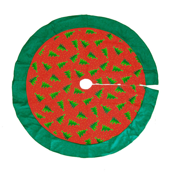 Felt Christmas Tree Skirt with Pine Trees, Red/Green, 48-Inch