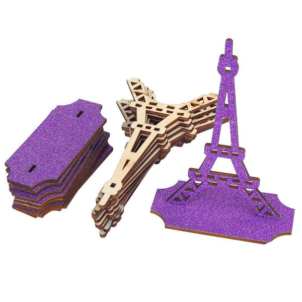 Wooden Eiffel Tower Stand with Glitters, 5-Inch, 10-Piece, Purple