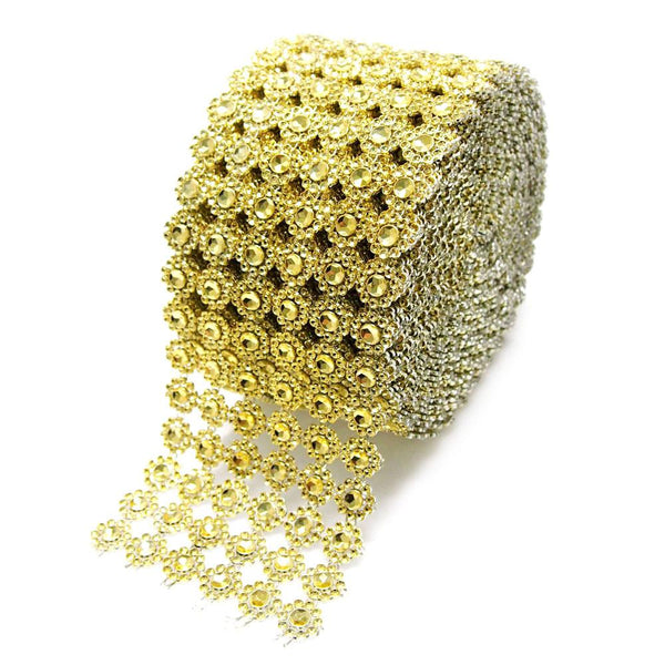 Flower Rhinestone Diamond Mesh Wrap Ribbon, 4-Inch, 10 Yards, Gold