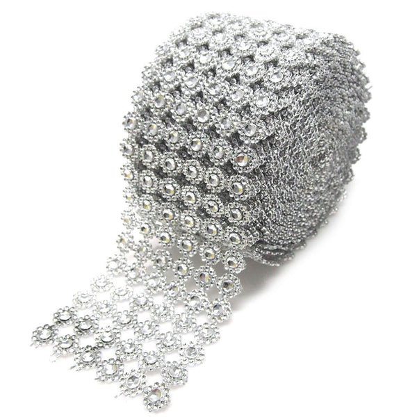 Flower Rhinestone Diamond Mesh Wrap Ribbon, 4-Inch, 10 Yards, Silver