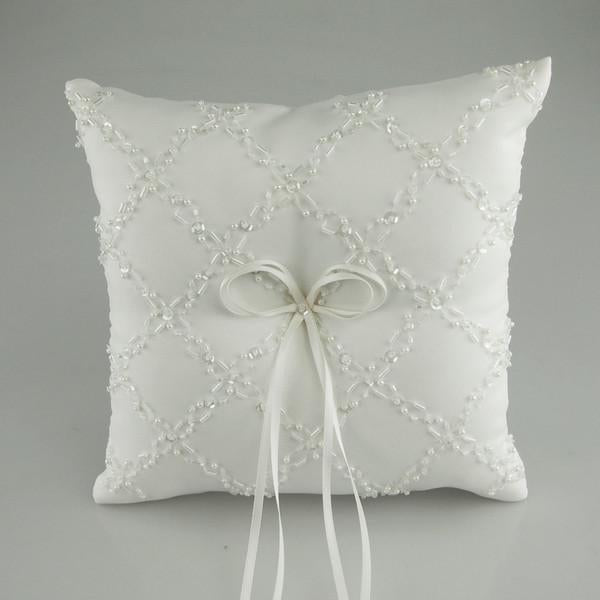 Ring Bearer Satin Pillows Wedding Occassion, 8-inch, Beads Checkered, White, CLOSEOUT
