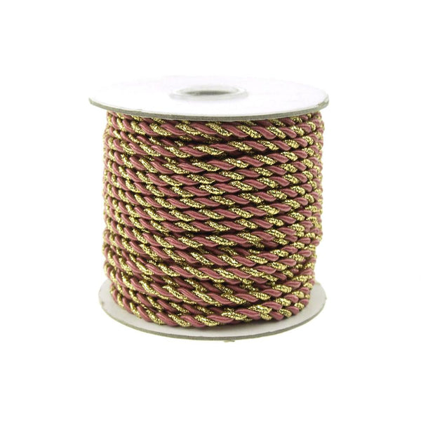 Twisted Cord Rope 2 Ply, 3mm, 25-yard, Gold Trim, Rosy Mauve