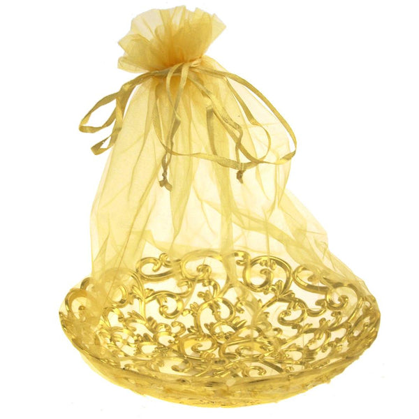 Organza Wrap Basket with Plastic Swirl Tray, 8-Inch, Gold