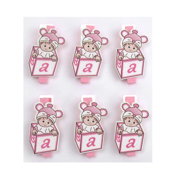 ABC Blocks Wooden Clothespins Baby Favors, 2-Inch, 6-Piece, Pink