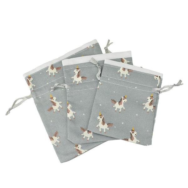 Drawstring Unicorn Pouches, Assorted Sizes, 3-Piece, Dusty Blue