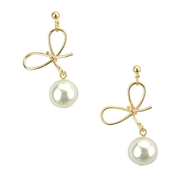 Pearl Bow Drop Earrings, Gold, 1-1/2-Inch