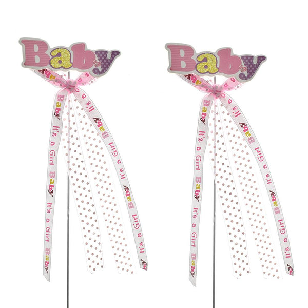 Baby Shower "Baby" Pick With Bow, 9-3/4-Inch, 2-Count, Pink