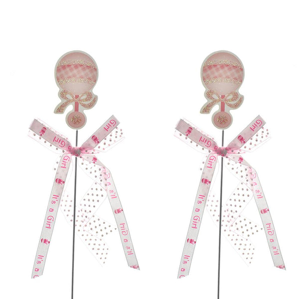 Baby Shower Baby Rattle Pick With Bow, 10-1/4-Inch, 2-Count, Pink