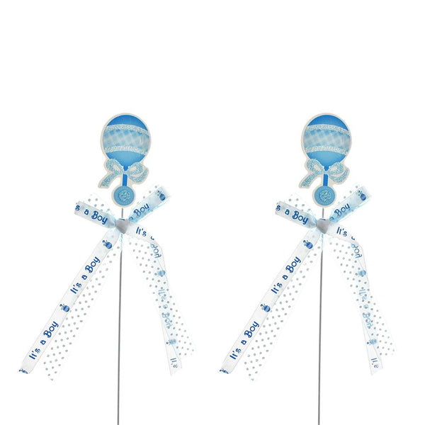 Baby Shower Baby Rattle Pick With Bow, 10-1/4-Inch, 2-Count, Blue