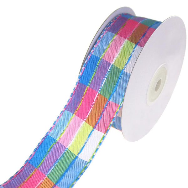 Colorful Stitched Line Plaid Ribbon, Blue, 1-1/2-Inch, 10-Yard