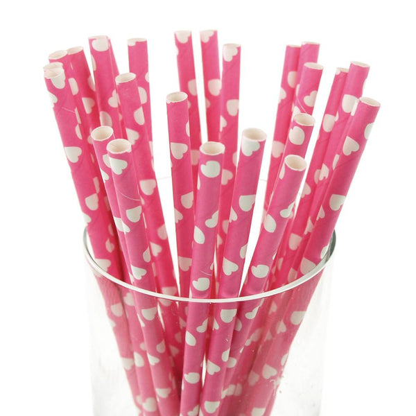 Heart Paper Straws, 7-3/4-inch, 25-Piece, Hot Pink/White