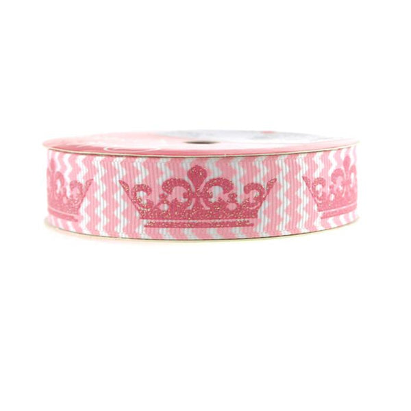 Princess Crown Chevron Grosgrain Ribbon, 7/8-Inch, 3 Yards, Light Pink