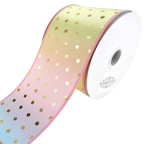 Pastel Ombre Satin Wired Ribbon with Gold Dots, 2-1/2-Inch, 10-Yard