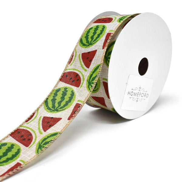Watermelon Printed Wired Canvas Ribbon, 1-1/2-Inch, 10-Yard, Natural