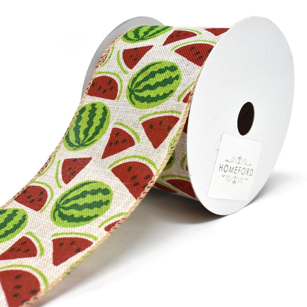 Watermelon Printed Wired Canvas Ribbon, 2-1/2-Inch, 10-Yard, Natural