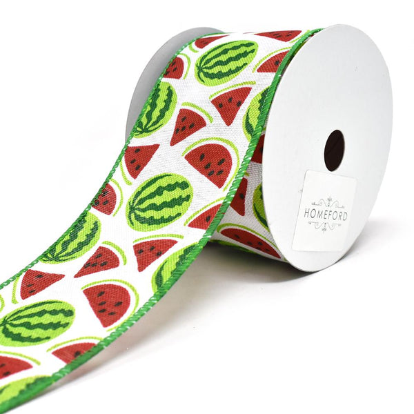 Watermelon Printed Wired Canvas Ribbon, 2-1/2-Inch, 10-Yard, White