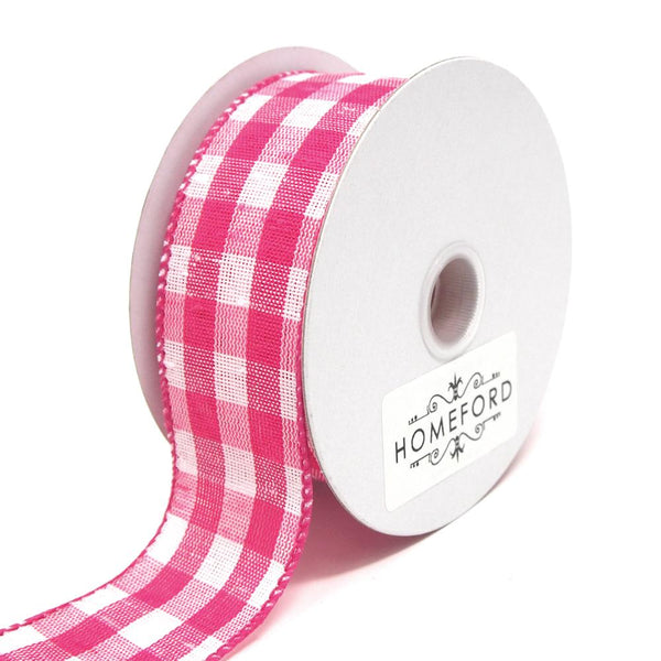 Colorful Gingham Checkered Linen Wired Ribbon, Fuchsia, 1-1/2-Inch, 10 Yards