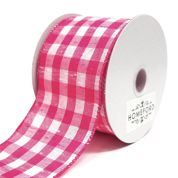 Colorful Gingham Checkered Linen Wired Ribbon, Fuchsia, 2-1/2-Inch, 10 Yards
