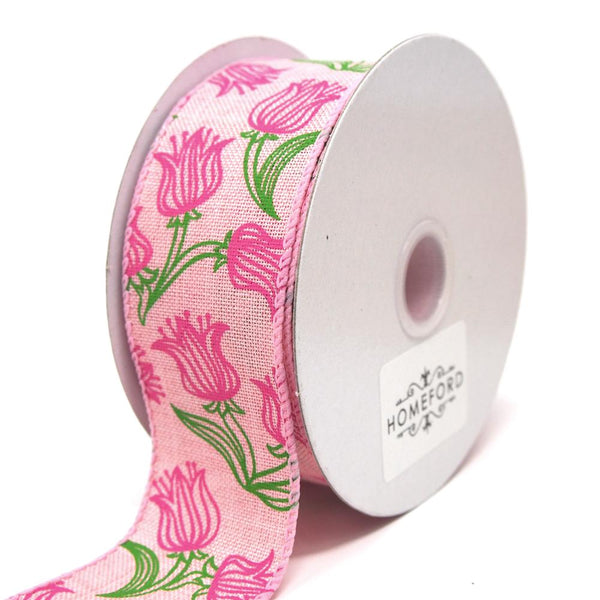 Fuchsia Tulips Outline Linen Wired Ribbon, Pink, 1-1/2-Inch, 10 Yards