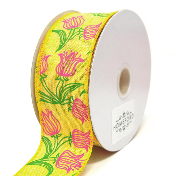 Fuchsia Tulips Outline Linen Wired Ribbon, Yellow, 1-1/2-Inch, 10 Yards
